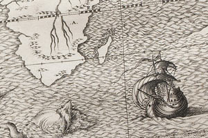Detail of an engraving of a 1571 world map that shows the New World was  barely defined.